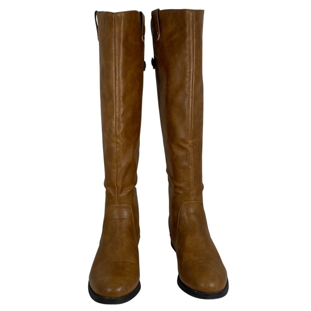 OUTLOOKS Brown Faux Leather Knee-High Riding Boots Back Zip Straps Womens Size 8